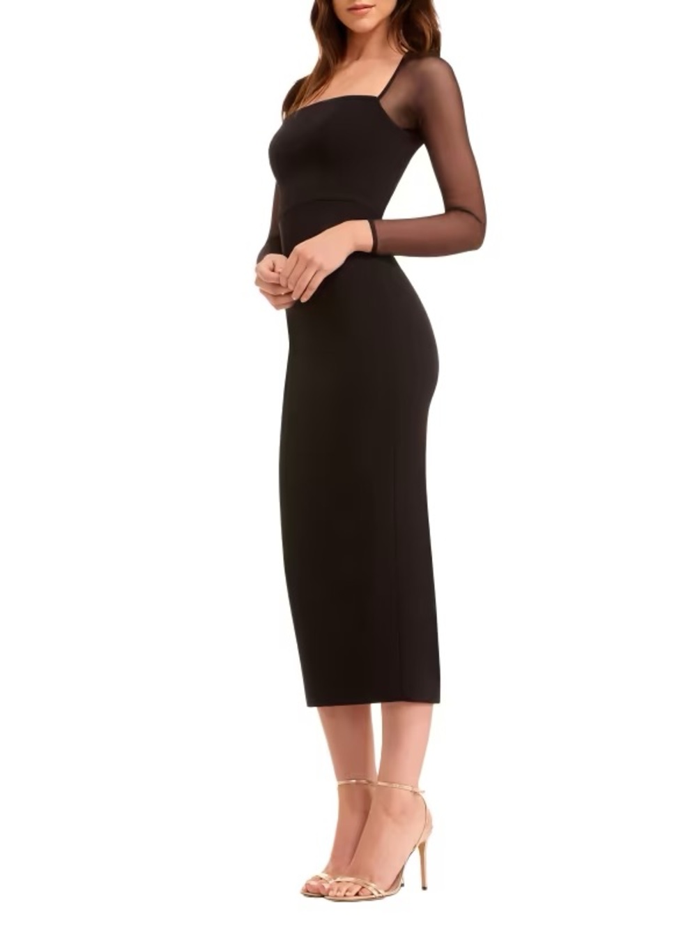 24. Dress the population • NWT Black Midi Sheath Dress with Sheer Long Sleeves
